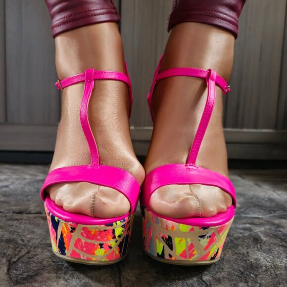 Hot Pink wedge sandals with almost 7 inch heel - Picture 4 of 11